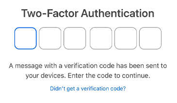 6 empty 2FA boxes with explanatory text “A message with a verification code has been sent to your devices. Enter the code to continue.” and a link “Didn’t get a verification code?”