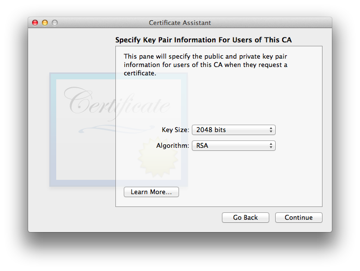 Defaults: Key Size 2048 bits and Algorithm: RSA